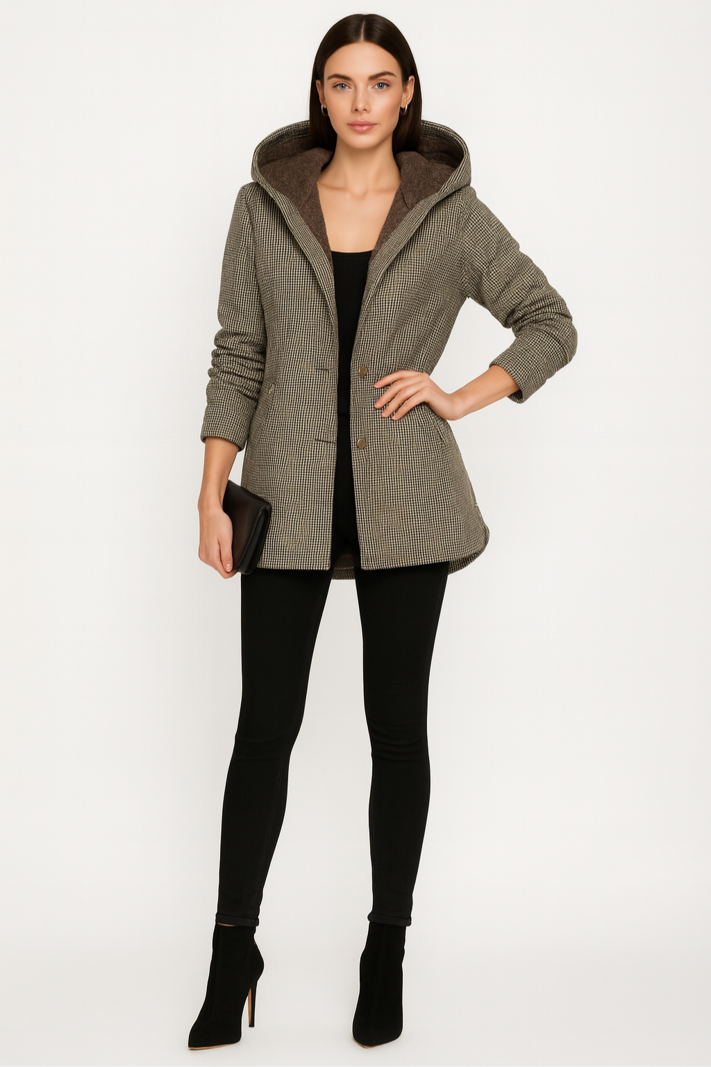 Women’s Checked Hooded Coat with Button Closure