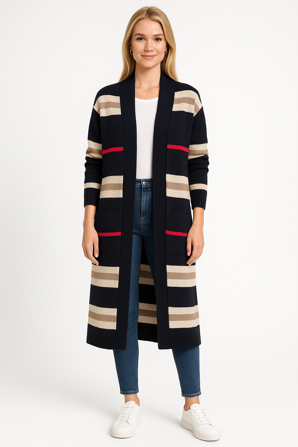 Women’s Long Knit Cardigan with Stripes