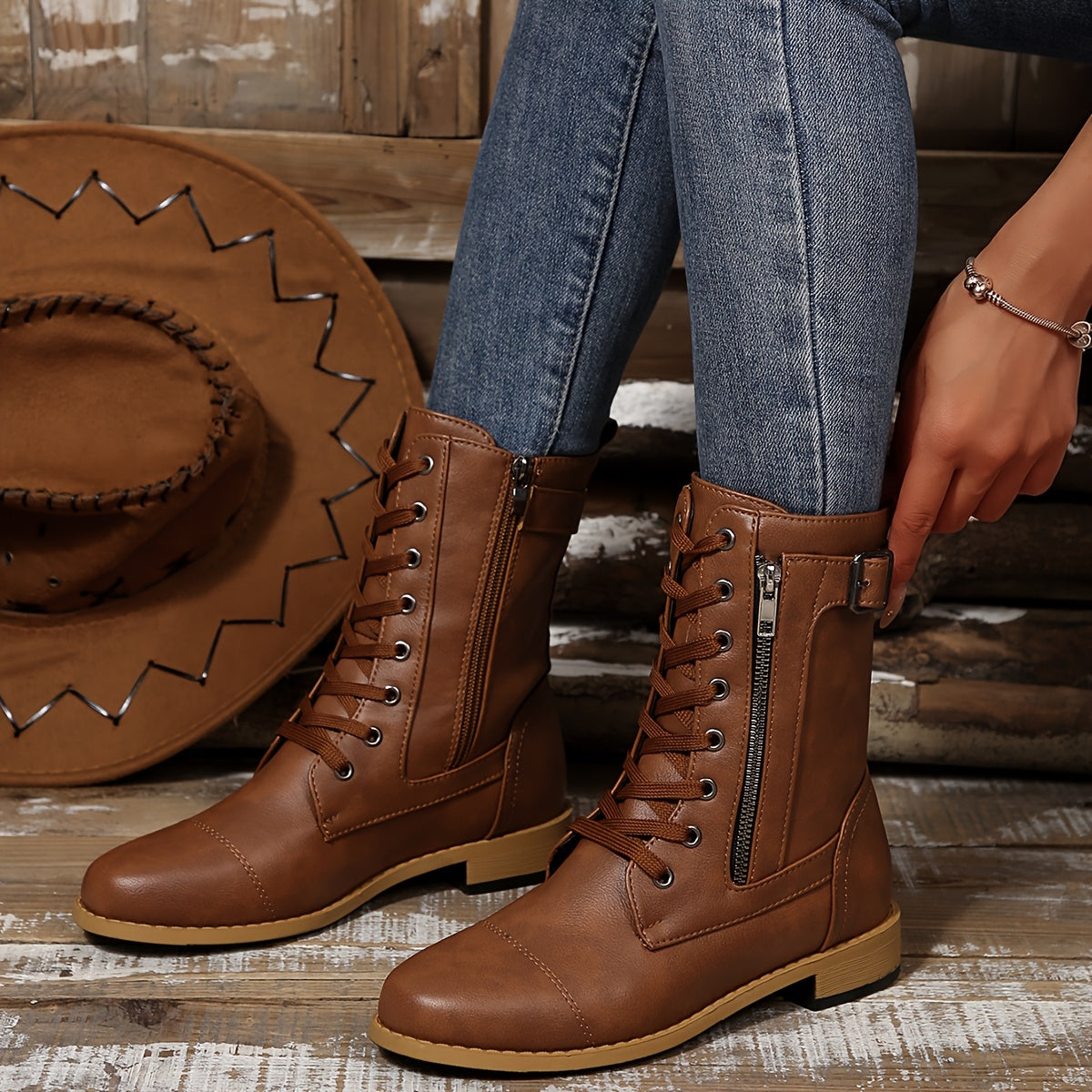 Ankle Boots - Faux Leather Upper & Double Zip Convenience