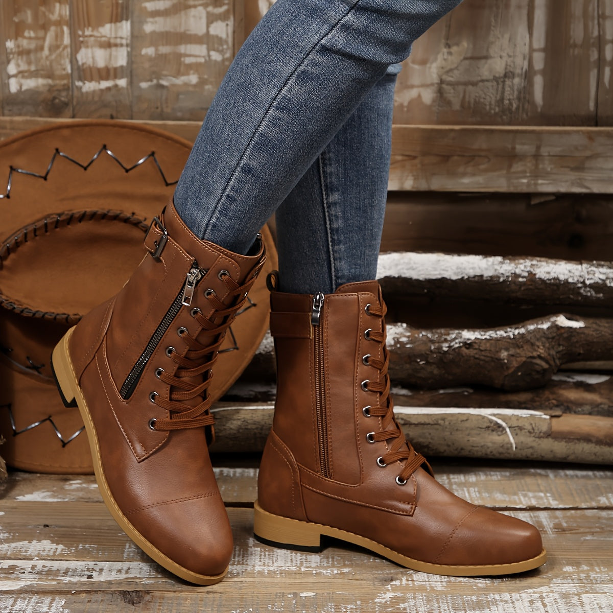 Ankle Boots - Faux Leather Upper & Double Zip Convenience
