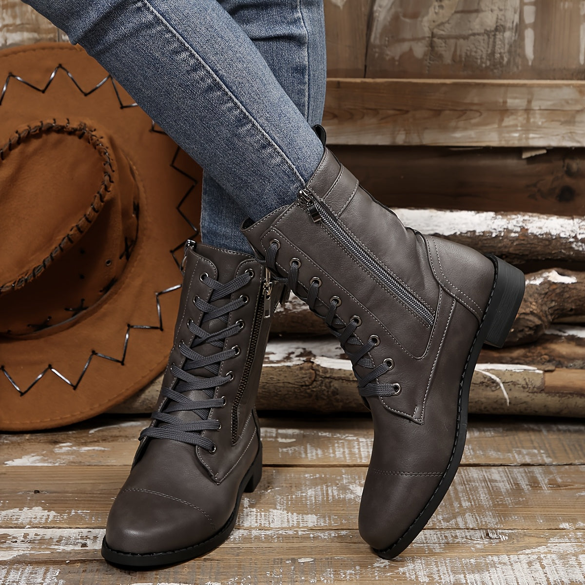 Ankle Boots - Faux Leather Upper & Double Zip Convenience