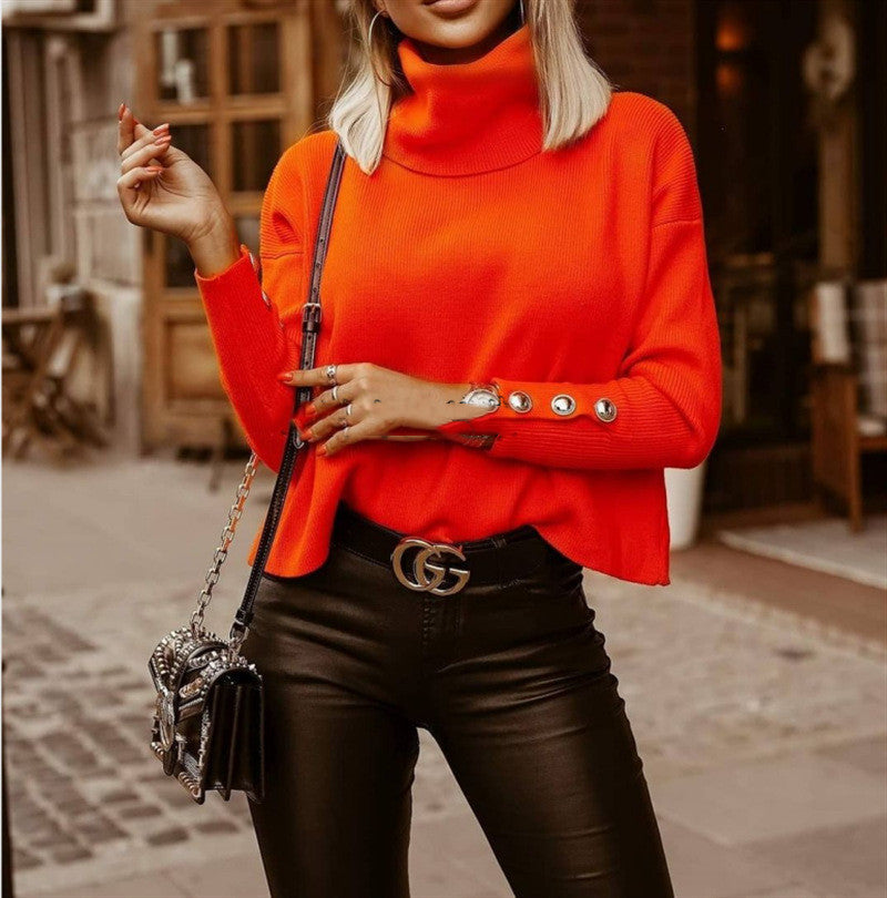 Knitted Sweater – Turtleneck & Button Detail Sleeves